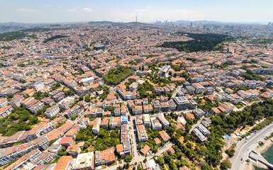 Istanbul, Turkey. Eastern shore of Uskudar on Bosphorus strait. Aerial view of Asian coastline, residential areas and waterfront at summer midday. Aerial view.