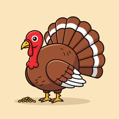 Cartoon Turkey Bird with Fanned Tail Feathers and Seeds.
