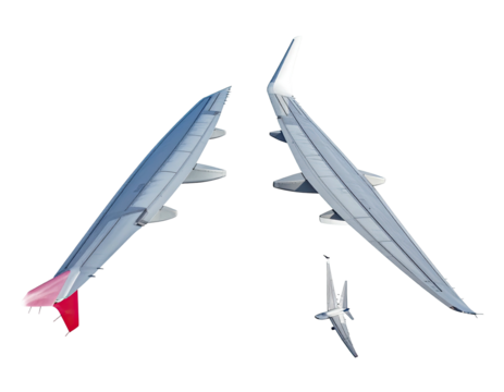 Plane parts, detached and floating on a black void background