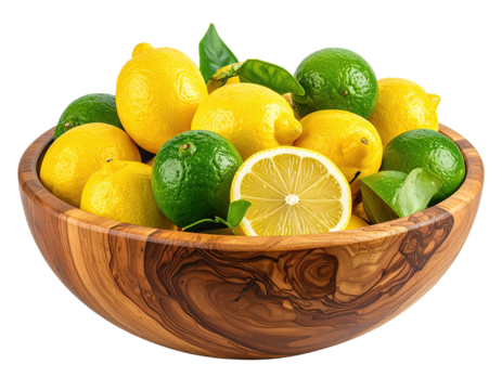 Wooden bowl filled with lemons, limes and leaves, one lemon cut in half