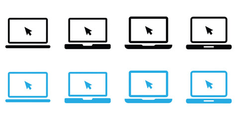 Modern laptop icons for website design and digital marketing,Laptop with pointer or cursor icon set. Notebook vector icon. Display with clicking mouse on white background.