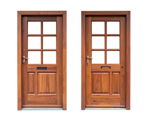Two wooden doors with glass panes, mail slot, and hardware; on black