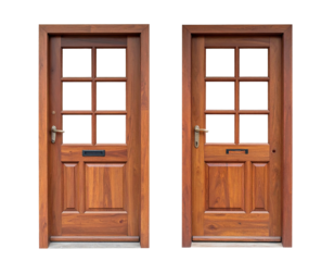 Two wooden doors with glass panes, mail slot, and hardware; on black