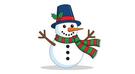 Cheerful cartoon snowman wearing a blue hat and striped scarf.