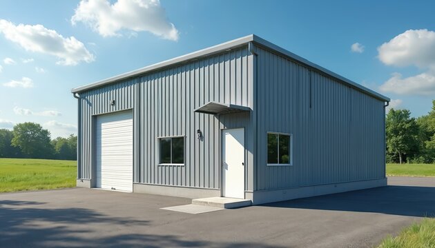 Simple industrial building with metal siding, roll up door. Small structure suitable for warehouse storage light manufacturing. Situated in rural area with green fields, trees nearby, offering