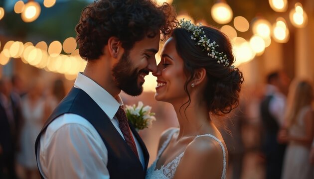 Bride and groom in tender moment at wedding party. Man in vest and tie holds bouquet. Woman in white dress with flowers in hair, both smiling. Couple close together, enjoying romantic atmosphere.