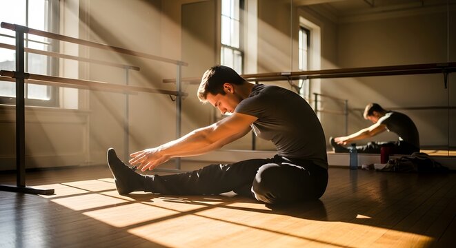 Young man and woman stretching in a bright dance studio with sunlight streaming through large windows during a fitness class or practice session - Powered by Adobe