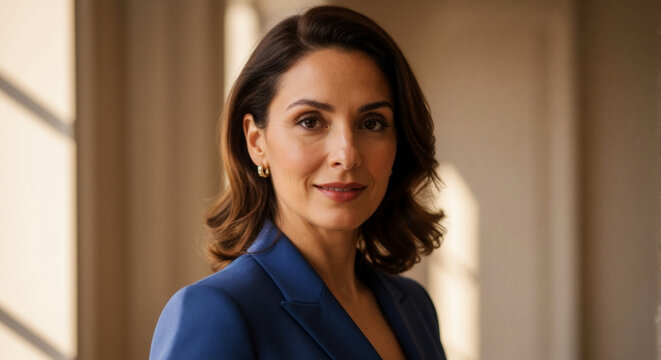 Corporate headshot — confident female executive in blue blazer, modern office background, direct gaze