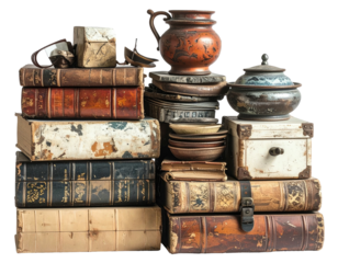 Stacked books and aged pottery evoke history, knowledge, and artistic charm