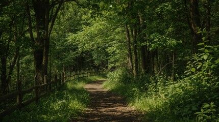 Obraz premium Sunlit forest path winding through lush green trees
