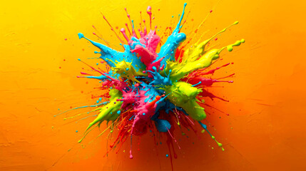 Explosion of vibrant colors creating a dynamic abstract background on an orange surface