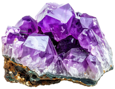A cluster of vibrant purple crystals, exhibiting geometrical facets and textures