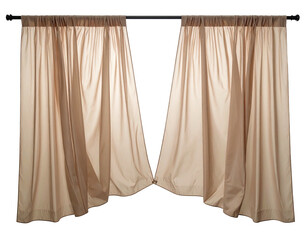 Beige, pleated window drapes parted in the center, softly lit, hanging from a rod
