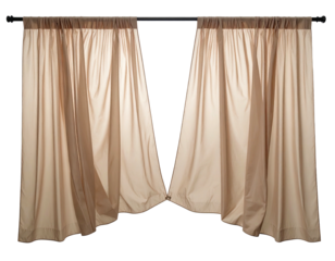 Beige, pleated window drapes parted in the center, softly lit, hanging from a rod