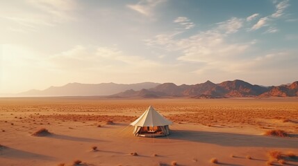 Desert campsite under a colorful sunset sky.