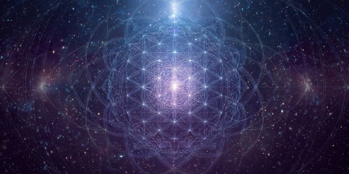 Mystical cosmic sacred geometry displaying a luminous mandala in deep space
