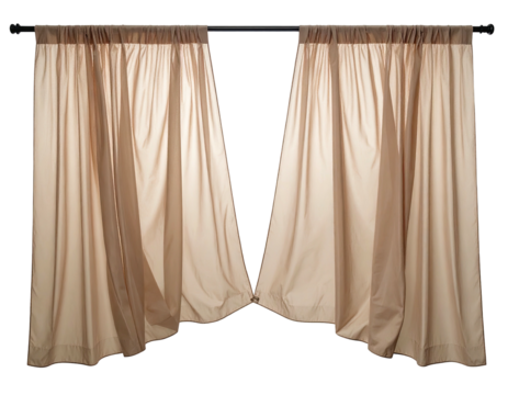 Beige, pleated window drapes parted in the center, softly lit, hanging from a rod