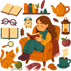 Girl reading in cozy armchair with hot drink, cat, books and warm autumn vibes, perfect for blog header, seasonal greeting card
