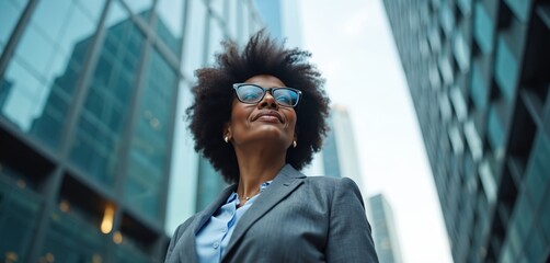 Close-up portrait of middle-aged African American businesswoman in eyeglasses, formal suit. Stands confidently against skyscrapers in city business district. Expression suggests success, prosperity,