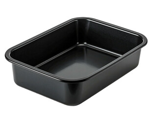 A black, rectangular baking pan, empty and reflective, sitting on a black background