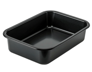 A black, rectangular baking pan, empty and reflective, sitting on a black background