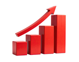 Red graph chart with rising arrow, showing positive trend against black background