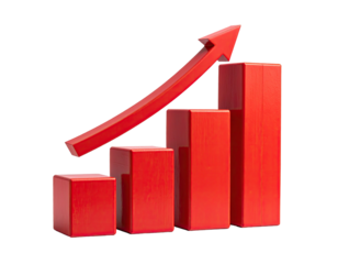 Red graph chart with rising arrow, showing positive trend against black background