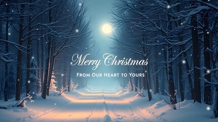 Christmas background image showing moonlit snowy road, dark forest depth, warm shadows, bright full moon, and heartfelt festive script.
