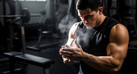 A young man in a gym is checking his phone while wearing a sleeveless shirt, with visible muscle tone and a focused expression in a dimly lit fitness environment