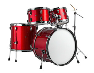 A vibrant, glossy red drum set isolated on a black background, ready to play
