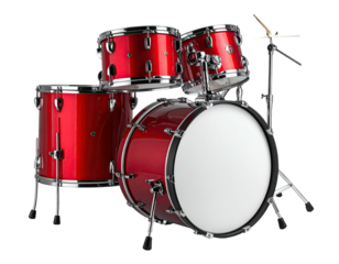 A vibrant, glossy red drum set isolated on a black background, ready to play