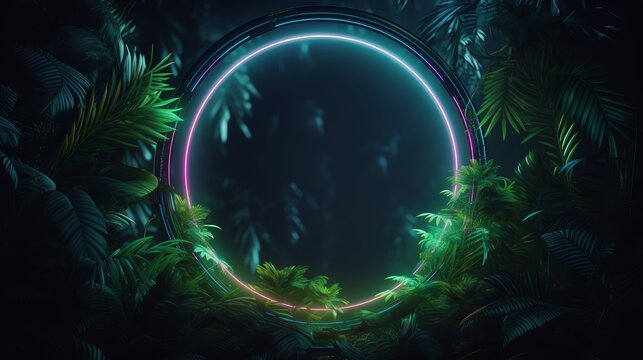 A vibrant neon circle among lush foliage.