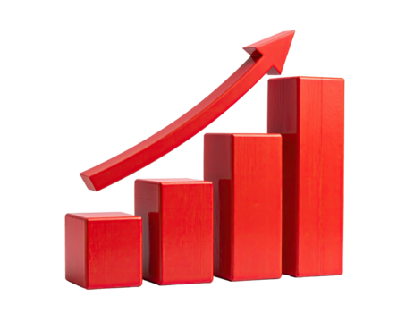Red graph chart with rising arrow, showing positive trend against black background
