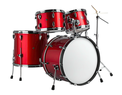 A vibrant, glossy red drum set isolated on a black background, ready to play