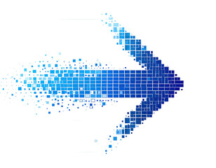 A blue, pixelated arrow pointing right, appearing to disintegrate with dark background
