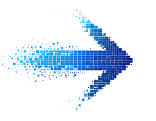 A blue, pixelated arrow pointing right, appearing to disintegrate with dark background