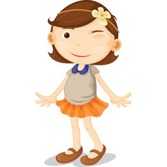 Cartoon Girl With Brown Hair And Orange Skirt Winking With Flora On Her Head Standing On White Background
