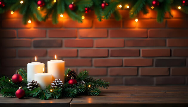 Cozy Christmas scene with evergreen garlands, red ornaments, pinecones, flickering candles, rustic brick backdrop