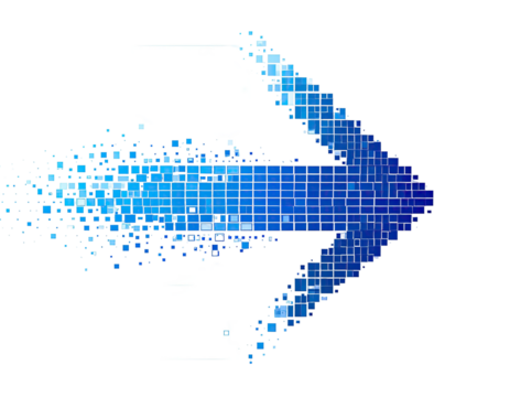 A blue, pixelated arrow pointing right, appearing to disintegrate with dark background