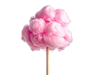 Fluffy pink spun sugar confection on a wooden stick, isolated on black background