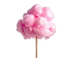 Fluffy pink spun sugar confection on a wooden stick, isolated on black background