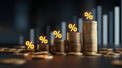 Visual representation of financial growth with coins and percentage symbols illustrating increasing profits.