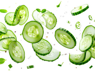 Sliced cucumber with herbs and spices float against a black background