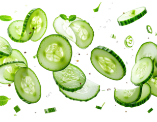 Sliced cucumber with herbs and spices float against a black background