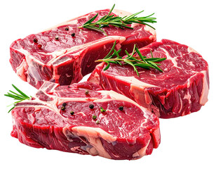 Raw, cut, marbled beef steaks garnished with rosemary and peppercorns
