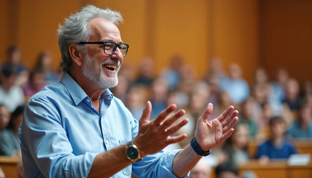 Older man with glasses lectures enthusiastically in hall. Students listen attentively in blurred background. Professor shares wisdom, inspires learners with engaging presentation.