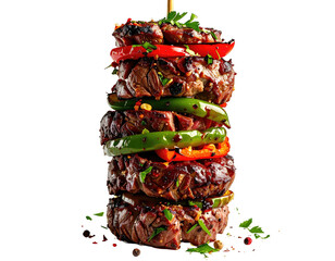 Skewered grilled steak and pepper stack against black, edible, colorful layers