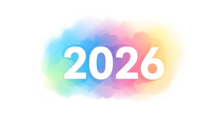 Colorful watercolor splash with the year 2026 in white, isolated on transparent background a vibrant and artistic design element