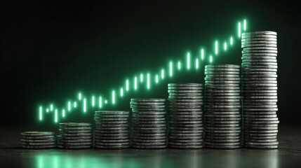 Visual representation of financial growth with stacked coins and a rising graph, illustrating investment success.
