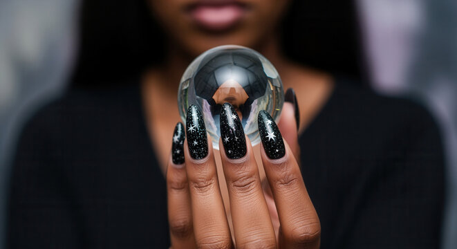 A woman's hand with celestial galaxy nail art holding a crystal ball. Mystic fortune teller predicting the future. Astrology and spirituality concept